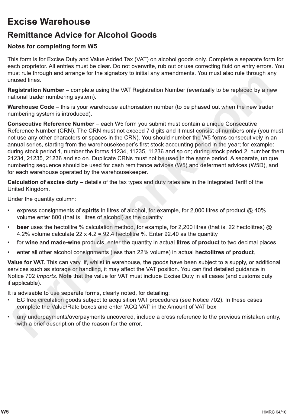 Excise Warehouse Remittance Advice For Alcohol Goods (Form W5