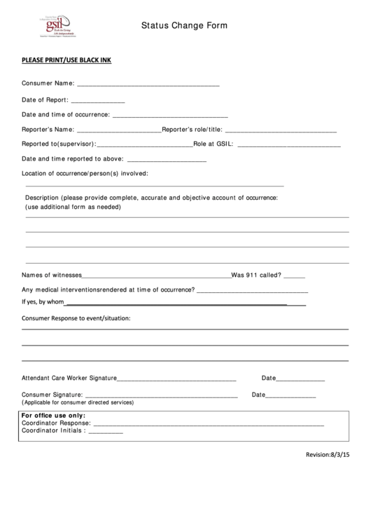 Status Change Form Printable pdf