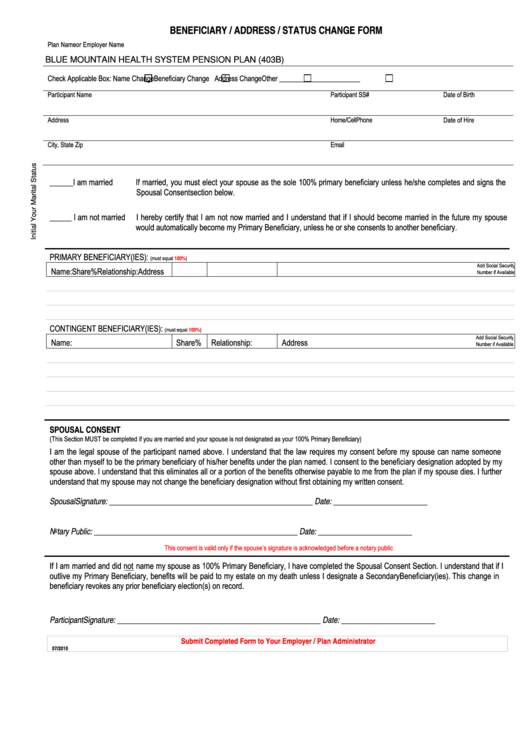 Fillable Beneficiary/address/status Change Form Printable pdf