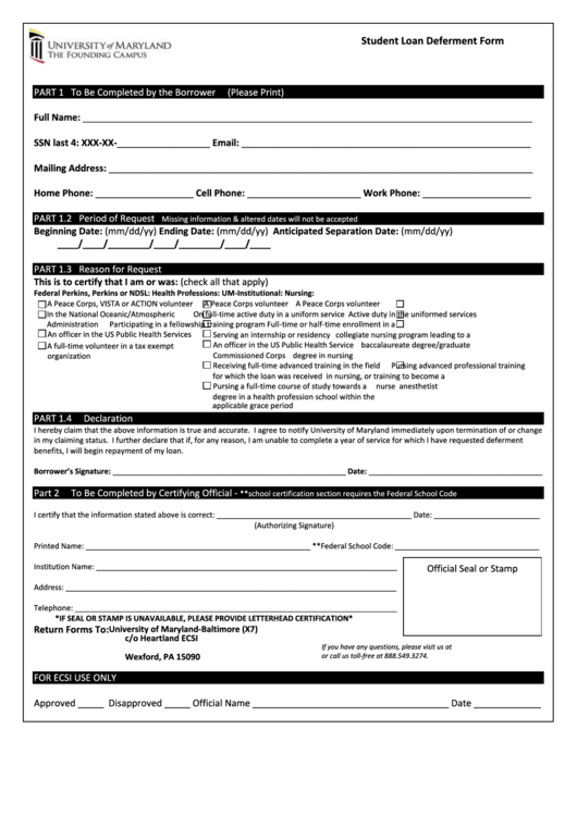 Student Loan Deferment Form - University Of Maryland Printable pdf