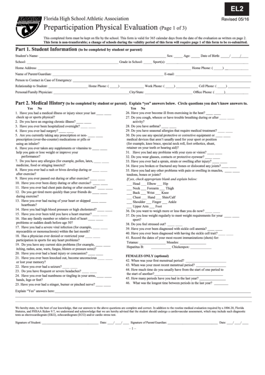 Form El2 - Preparticipation Physical Evaluation - Florida High School Athletic Association