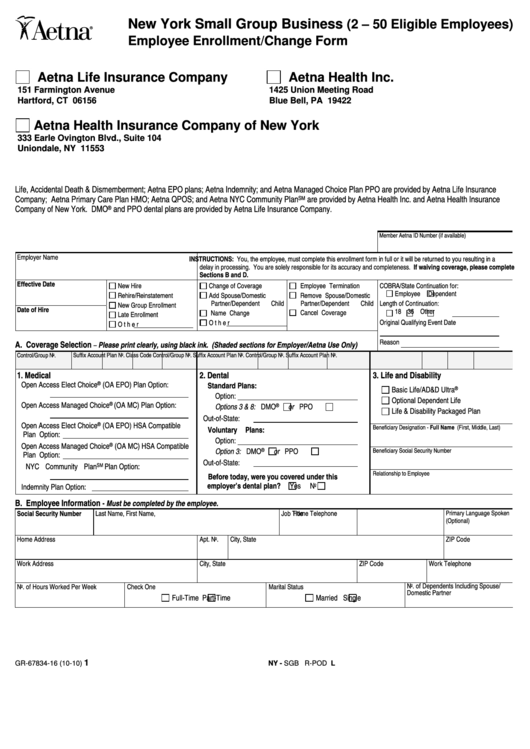 Fillable Form Gr-67834-16 - Aetna New York Employee Enrollment Form Printable pdf