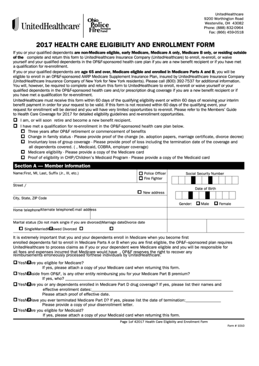 Health Care Eligibility And Enrollment Form - 2017 Printable pdf