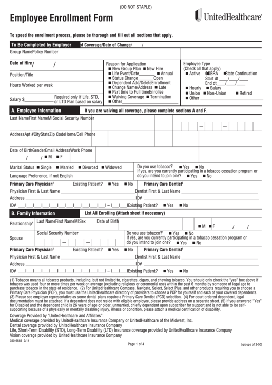 Employee Enrollment Form 2-50 Printable pdf