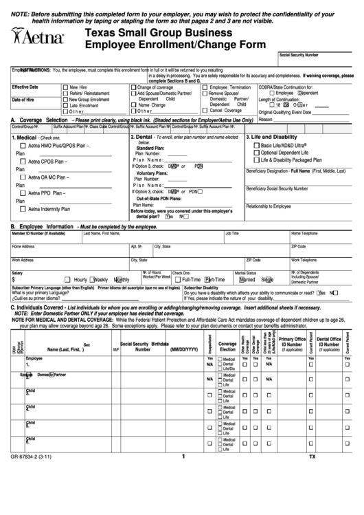 Fillable Form Gr-67834-2 - Aetna Texas Employee Enrollment/change Form Printable pdf