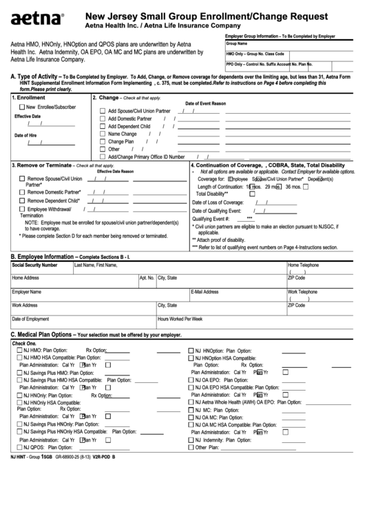 Fillable Form Nj Hint - New Jersey Enrollment/change Request - Aetna Printable pdf