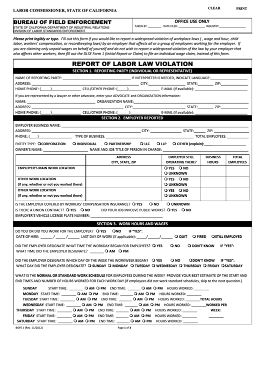 Fillable Report Of Labor Law Violation Form (Bofe 1) Printable pdf
