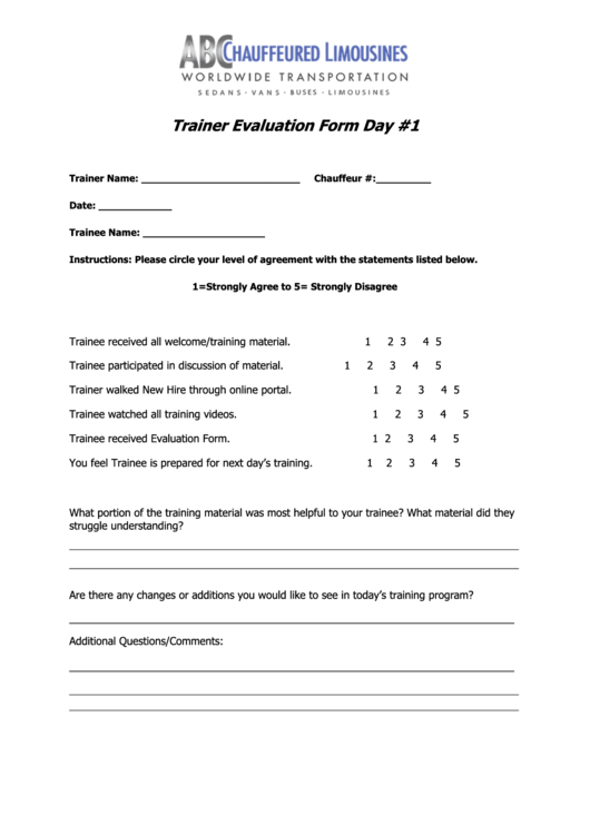 Trainer Evaluation Form Day #1 Printable pdf