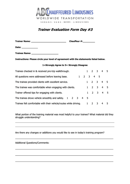 Trainer Evaluation Form Day #3 Printable pdf
