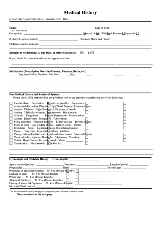 Medical History Form Printable pdf