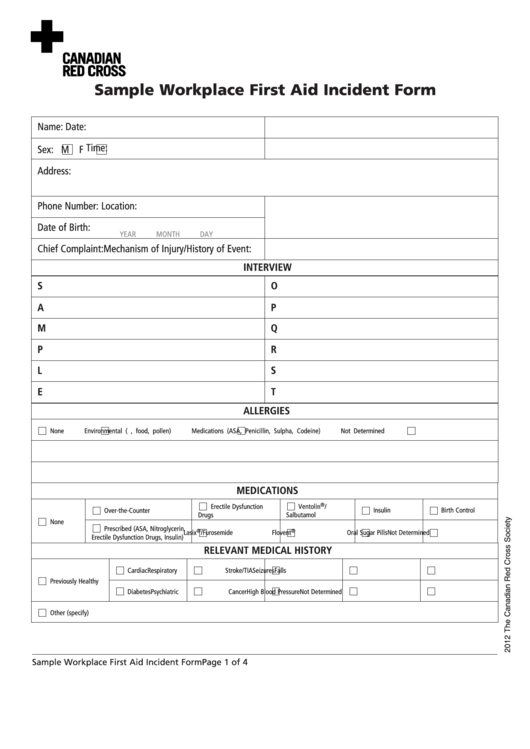 Sample Workplace First Aid Incident Form Printable pdf