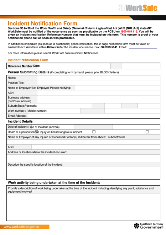 Fillable Incident Notification Form Printable pdf