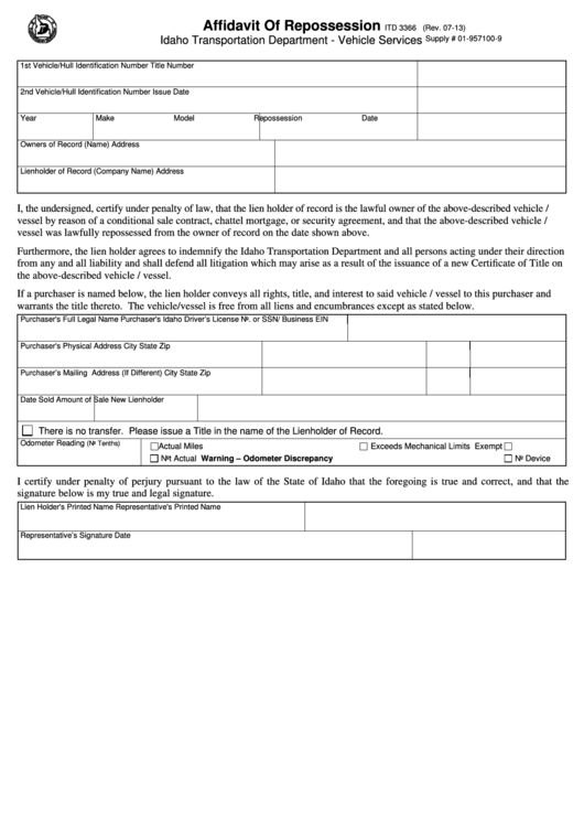 Fillable Form Itd 3366 - Affidavit Of Repossession Printable pdf