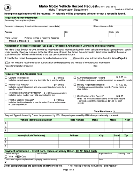 Fillable Form Itd 3374 - Idaho Motor Vehicle Record Request Printable pdf