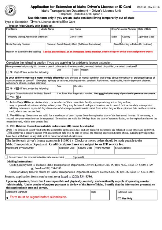 Fillable Form Itd 3153 - Application For Extension Of Idaho Driver