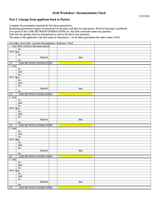 Fillable Dar Worksheet / Documentation Check Printable pdf