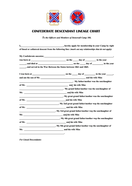 Confederate Descendant Lineage Chart Printable pdf