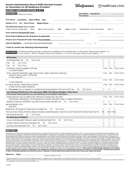 Vaccine Administration Record (Var) - Walgreens Printable pdf