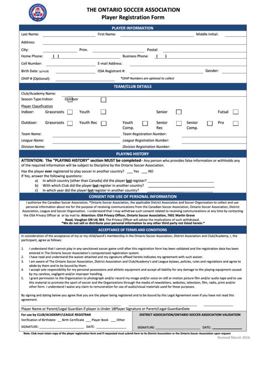 The Ontario Soccer Association Player Registration Form Printable pdf