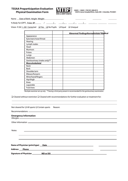 Tssaa Preparticipation Evaluation Physical Examination Form