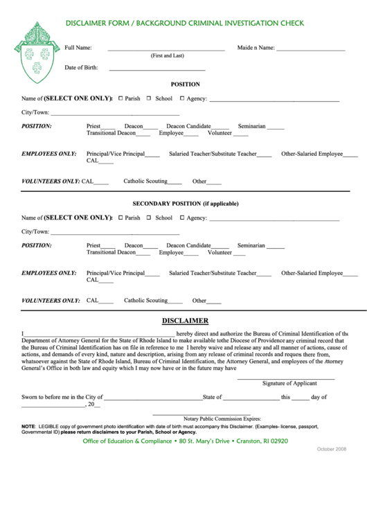 Disclaimer Form - Saint Thomas Regional School Printable pdf