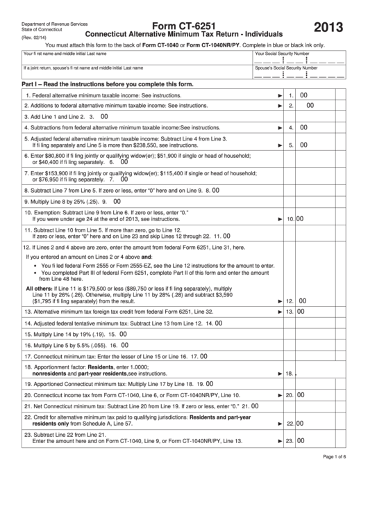 Fillable Form Ct-6251, 2013 Connecticut Alternative Minimum Tax Return Printable pdf