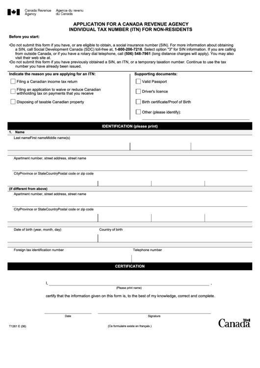 Application For A Canada Revenue Agency Individual Tax Number Printable pdf