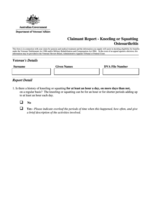 Claimant Report - Kneeling Or Squatting Osteoarthritis Printable pdf