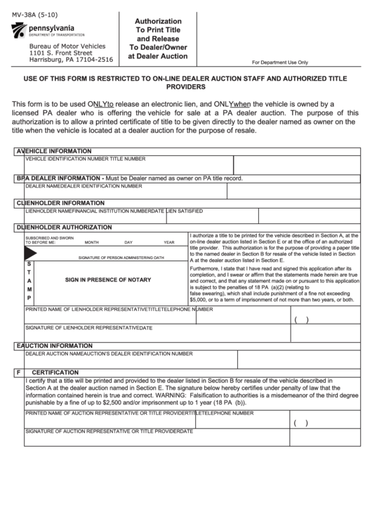 Fillable Penndot Form Mv-38a - Authorization To Print Title And Release To Dealer/owner At Dealer Auction Printable pdf