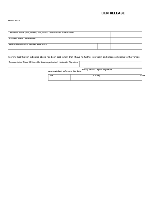 Fillable Car Vehicle Lien Release Form Printable Pdf Download