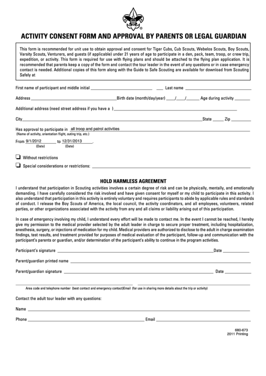 Fillable Activity Consent Form And Approval - Bsa Printable pdf