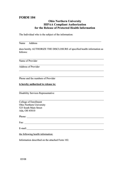 Form 104 Ohio Northern University Hipaa Compliant Authorization For