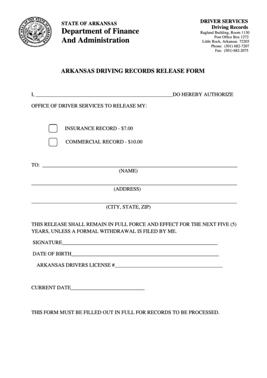 Driving Records Release Form Printable pdf