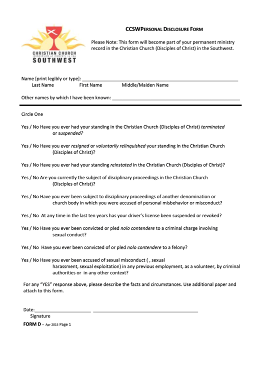 Ccsw Personal Disclosure Form Printable pdf