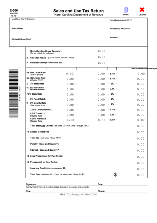 Fillable Sales And Use Tax Return - North Carolina Department Of Revenue Printable pdf