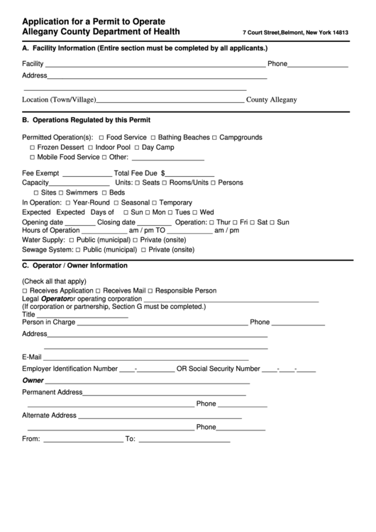 Fillable Application For A Permit To Operate Allegany County Department Of Health Printable pdf