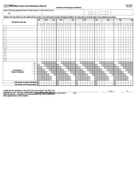 Daily Meal Count And Attendance Record Printable pdf