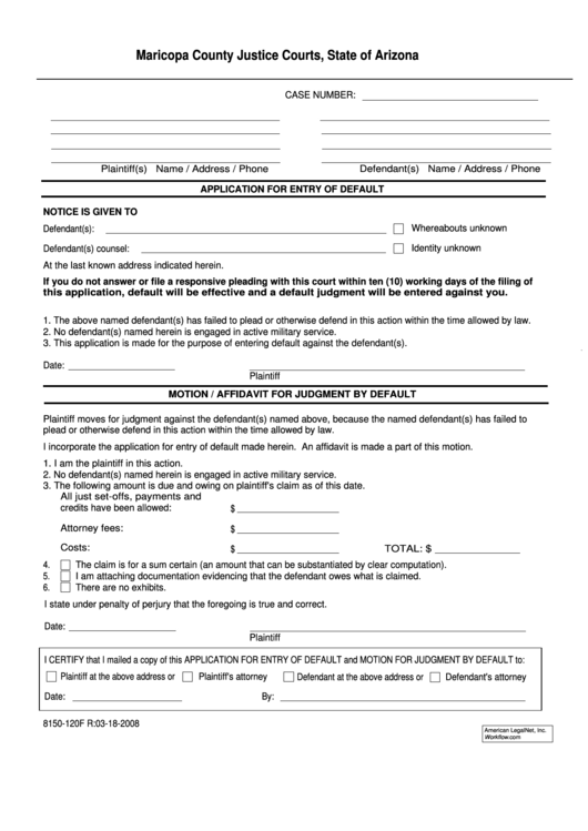 Application For Entry Of Default - Arizona Printable pdf