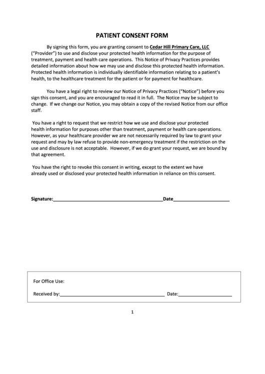 Patient Consent Form - Cedar Hill Primary Care Printable pdf