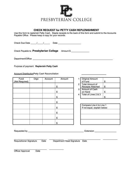 Fillable Check Request For Petty Cash Replenishment Printable pdf