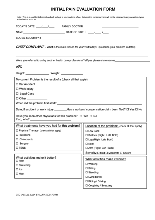 Initial Pain Evaluation Form Printable pdf