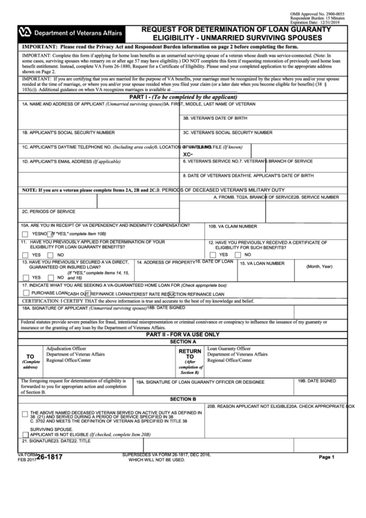 Fillable Va Form 26-1817 - Request For Determination Of Loan Guaranty Eligibility - Unmarried Surviving Spouses Printable pdf