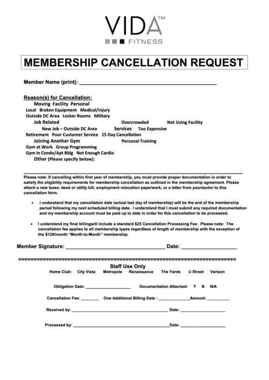 Fillable Membership Cancellation Request printable pdf download