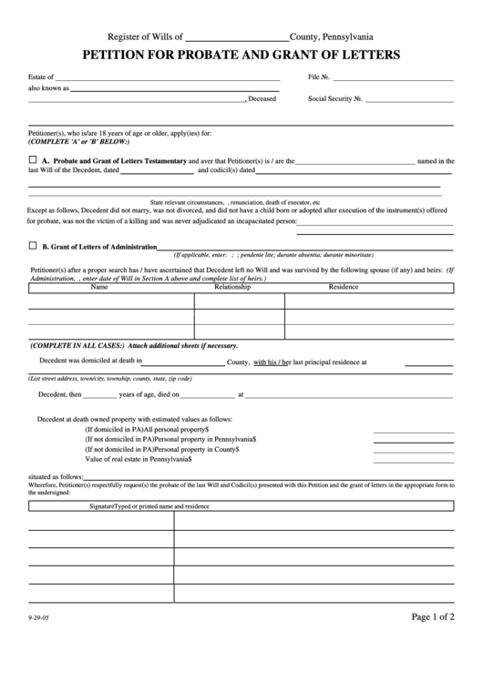 Petition For Probate And Grant Of Letters - Pennsylvania Printable pdf