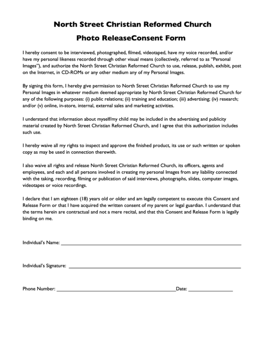 North Street Christian Reformed Church Photo Release Consent Form Printable pdf