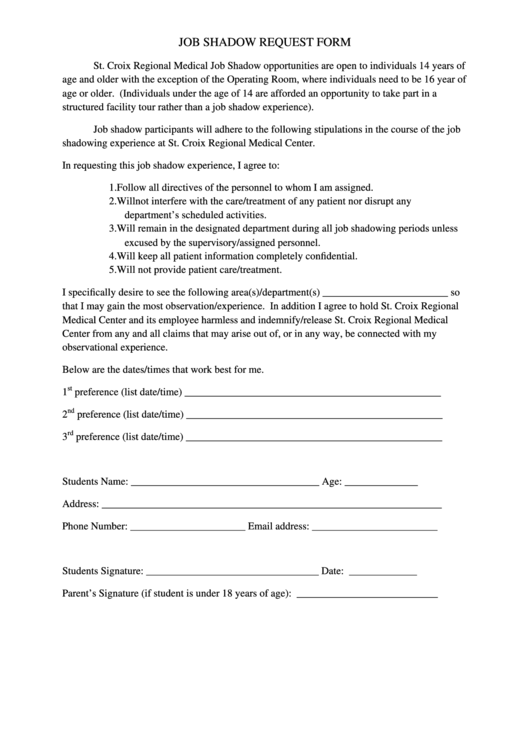 Job Shadow Request Form Printable pdf