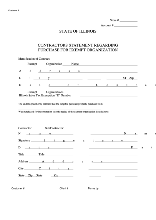 Fillable Contractors Statement Regarding Purchase For Exempt Organization - Illinois Printable pdf