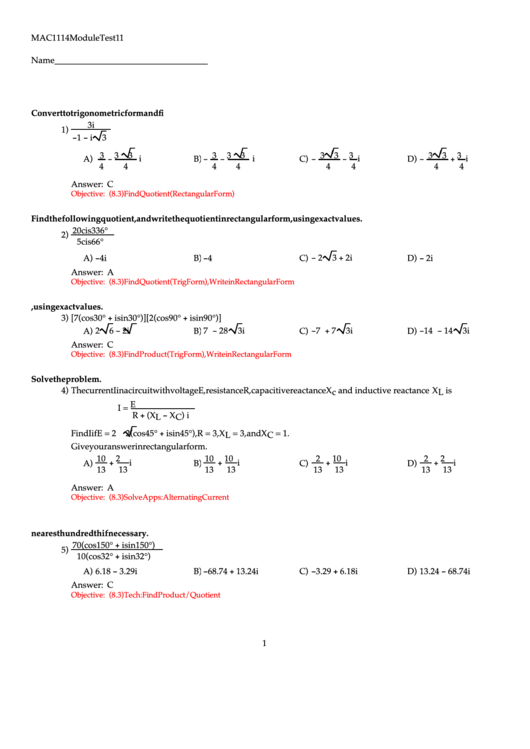 Math Test With Answers Printable pdf