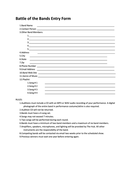 Battle Of The Bands Entry Form Printable pdf