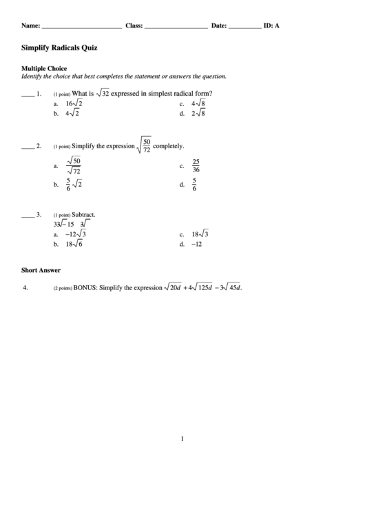 Simplify Radicals Quiz Worksheet Printable pdf